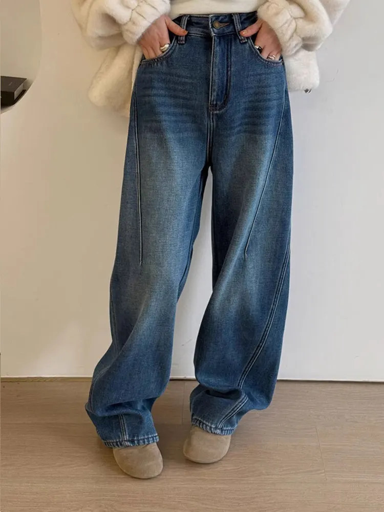 

Зима 2025 г. Женские повседневные свободные широкие джинсы с подкладкой Fce, синие джинсовые брюки длиной до пола, с высокой талией, винтажные Hong...