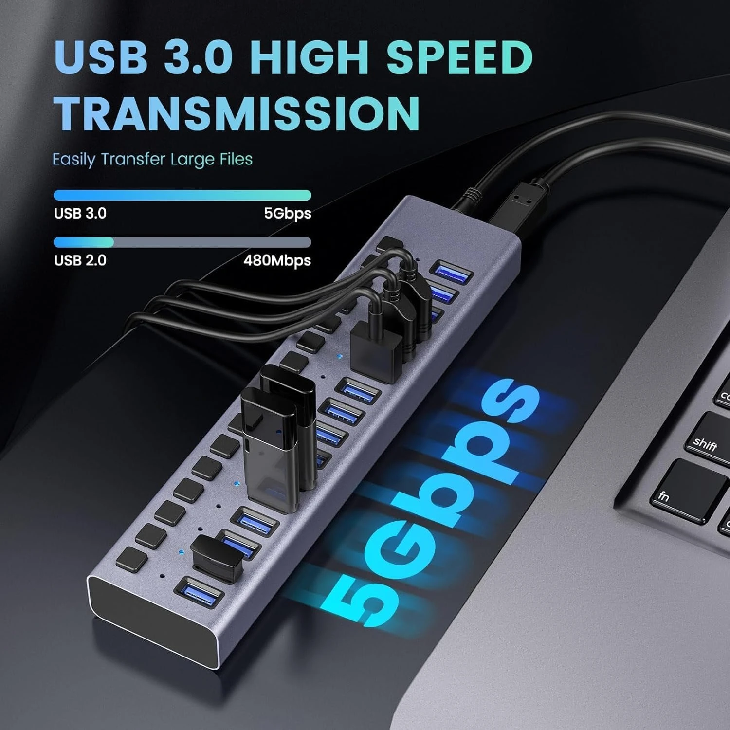 محور USB يعمل بالطاقة 90 وات - 16 منفذ بيانات USB 3.0، غلاف من الألومنيوم، مفاتيح تشغيل/إيقاف فردية، شعبية جديدة