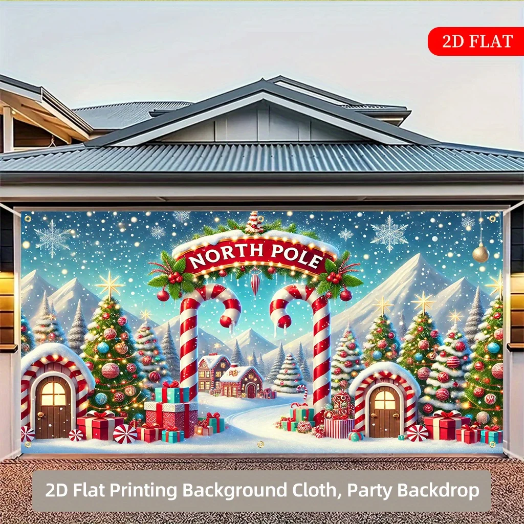 

2D плоский, крупногабаритный рождественский фон-баннер - сцена входа в арктическое деревенское поселение, с домиком Санта-Клауса и леденцовой палочкой.