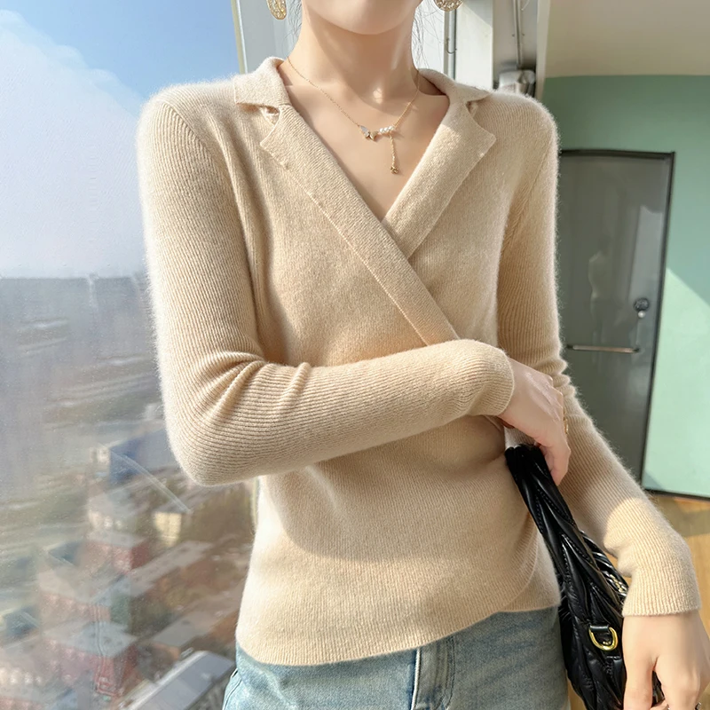 Autumn Knitted 100% Wool Tops For Women Casual Solid V-Neck Tight Elastic Sexy Fashion Cross Lady Sweater Long Sleeve Pullover