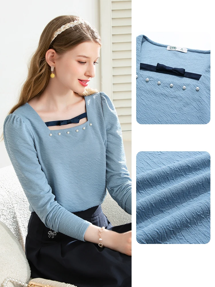 I BELIEVE YOU French Knitted T-shirts Autumn Embroidered Flares Square Collar Long Sleeve Tops Chic Women Clothing 2223234806