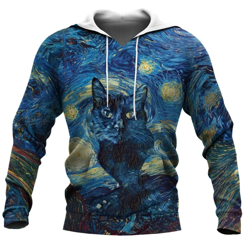 3D Print Oil Painting Style Hoodie Men Clothing Long Sleeve Hooded Sweatshirt Funny Animal Pattern Autumn Outdoor Casual Hoodies