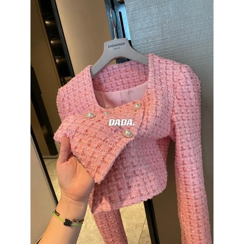 Pearl Buckle Shiny Silk Double Breasted Temperament Small Fragrant Style Pink Tweed Jackets Clothes Square Coat Cropped Top