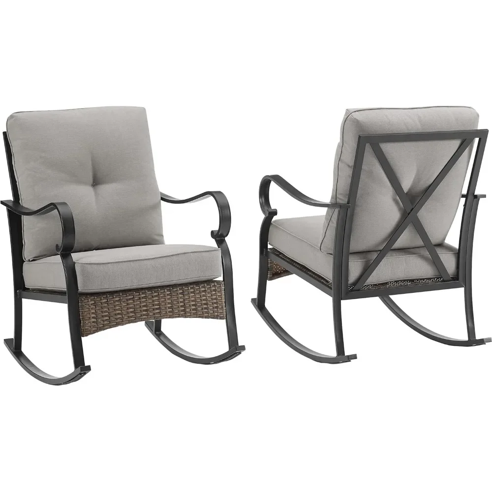 

2-Piece Outdoor Rocking Chair Set - Matte Black Patio Chairs with Taupe Cushions for Porch, Deck, and Balcony Conversations