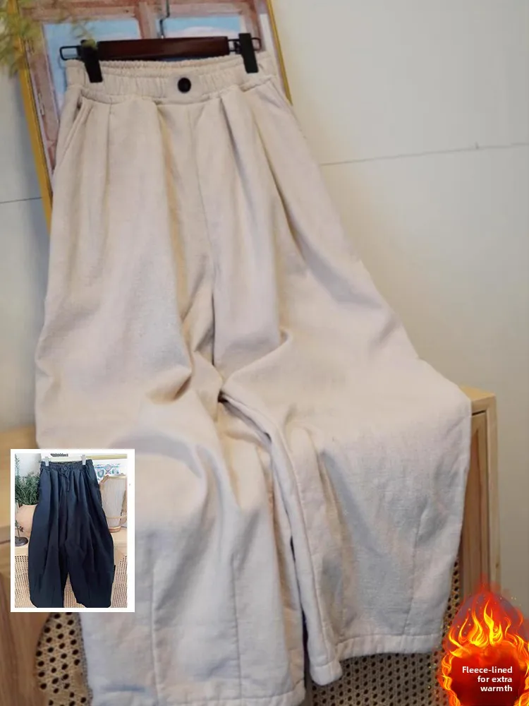 

Thiened Fce Lined Dstring Casual Trousers Women plus Size High Waist Straight Leg Warm Cotton Linen Blend Pants