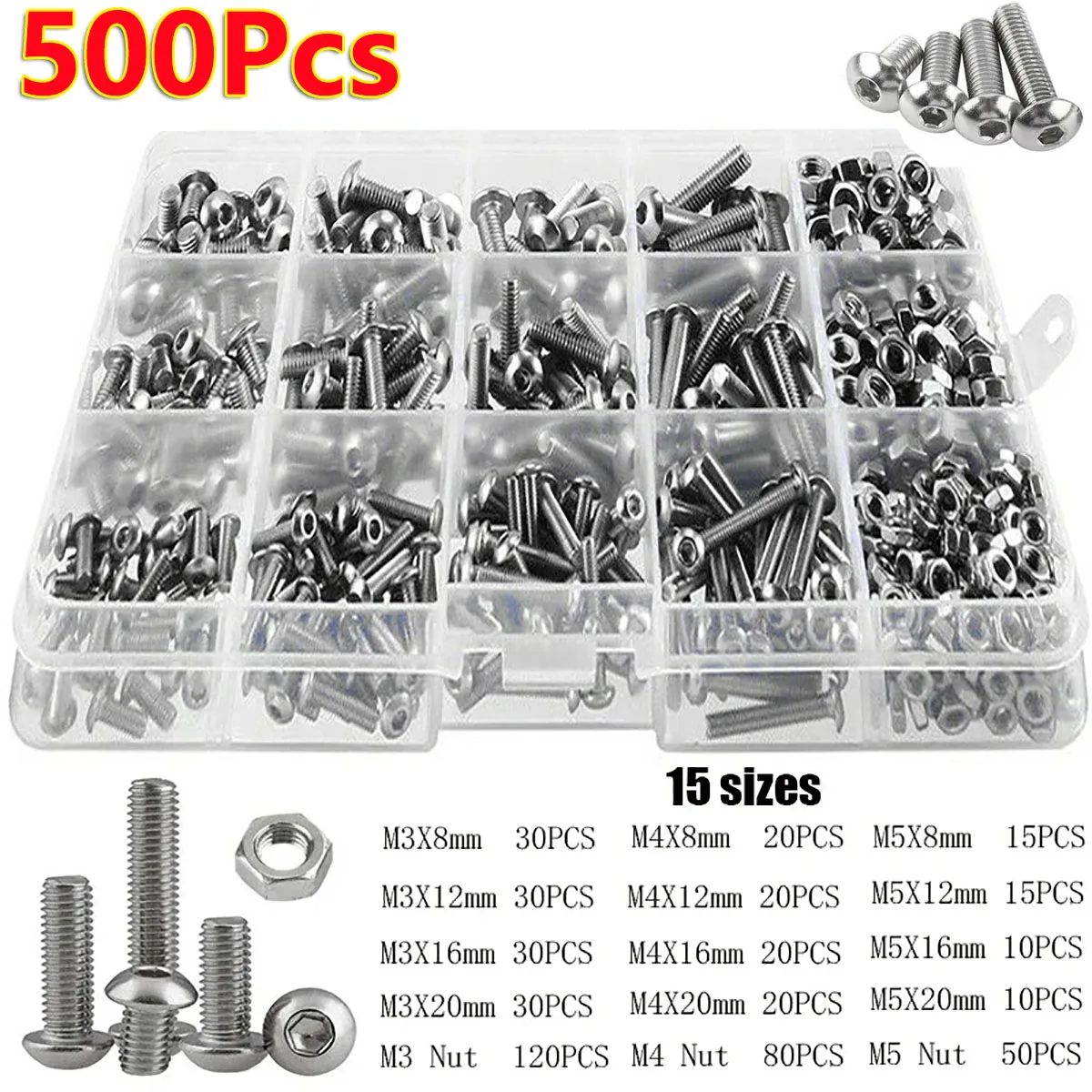 

500Pc Stainless Steel Hex Hexagon Socket Screw Set M3 M4 M5 Round Cap Head Screws Bolts & Nuts Allen Bolt Kit Screw Standoff DIY