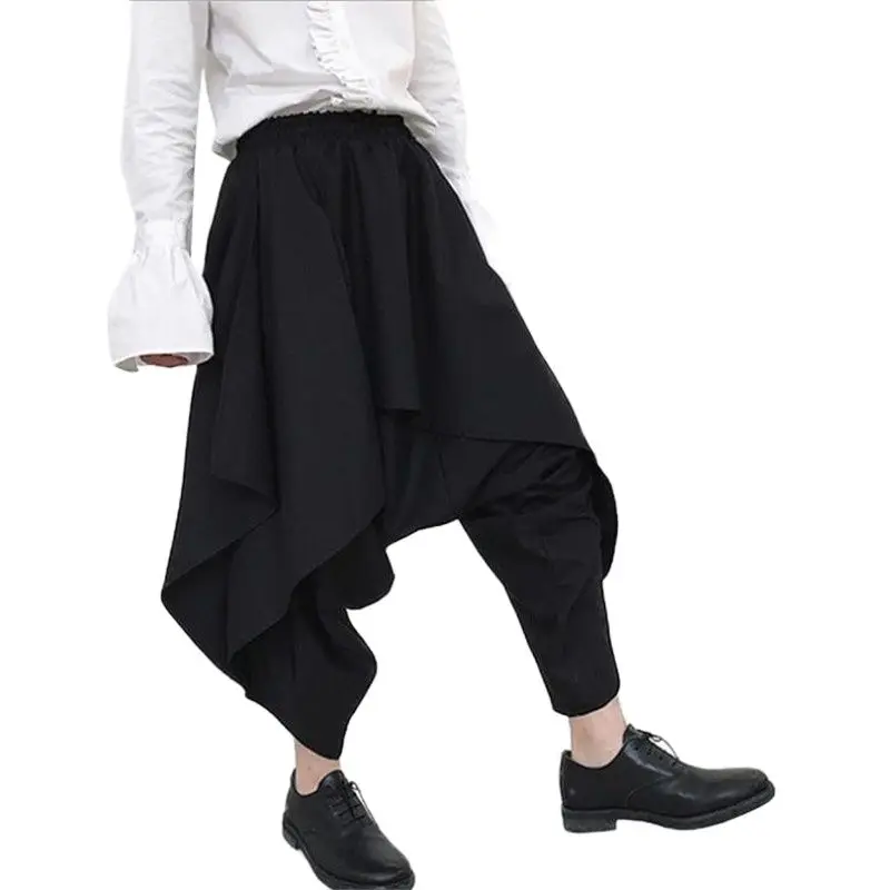 Men Fashion Irregular Laminated Design Harem Pants Gothic Style Drop Crotch Trousers Mens Hip Hop Baggy Pants Culottes Wide Leg