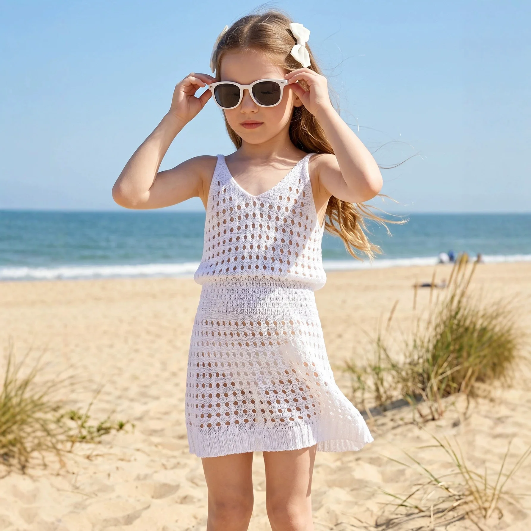 New simple girls' summer dress solid color women's treasure sleeve skirt children's clothing beach dress 2