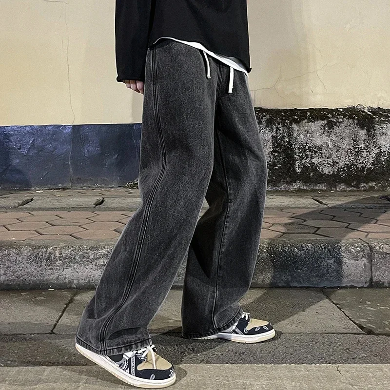 Men's New Fashion Solid Color Drape Jeans Loose Straight Vintage High Street Hip-hop Y2K Casual Daily Dragging Wide-leg Pants