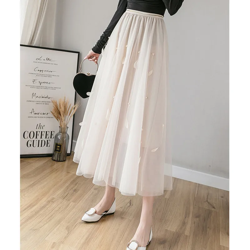 

Female Summer Spring Mesh Skirt High-Waisted Simple Design Elasticated Bad Street Wear Paired With Clothes Dress A-Line 2 Layers