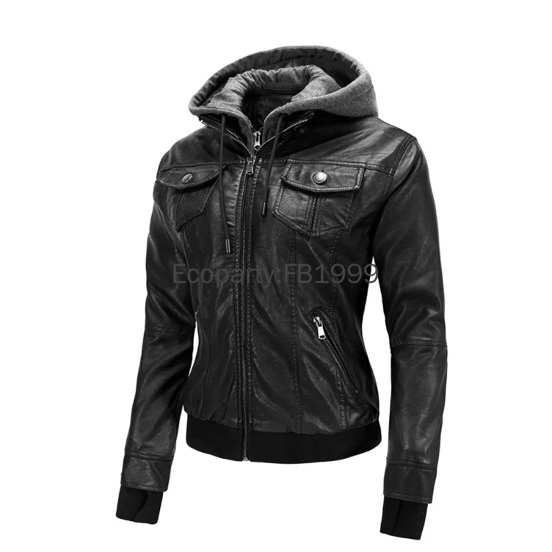 2024 Autumn Winter Women\'s Motorcycle Jacket Black Slim Pu Leather Removable Hooded Zipper Leather Coat Female Casual Outerwear