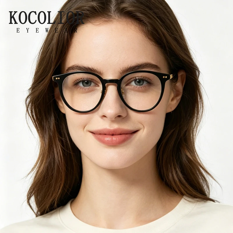 KOCOLIOR New Vintage Round Glasses Frame Anti Blue Light Reading Eyeglass Women Frame Acetate Temple Optical Glasses Men Glasses