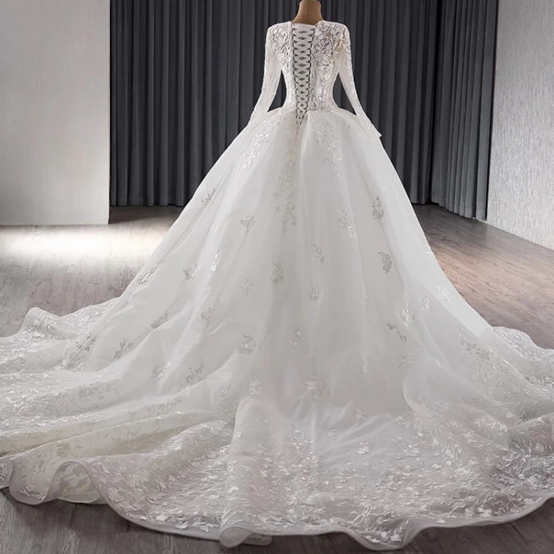 Immagine reale messicano saudita arabo abiti da sposa manica lunga scollo a V pizzo Sweep Train sposa abito da sposa Robe De Soiree 2025