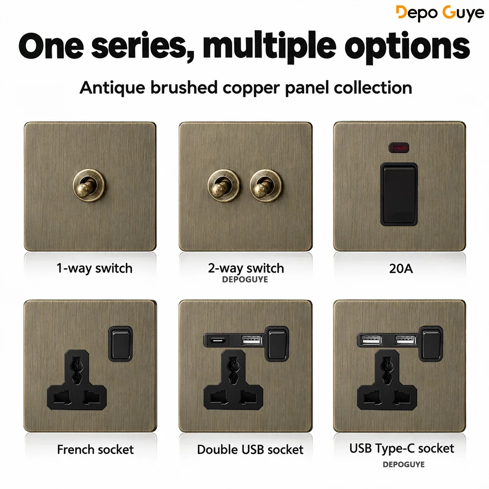 Retro Eu Metal Panel Wall Toggle Light Switch Socket,Bronzed Antique Stainless Steel German 16A Socket with USB Phone Charging