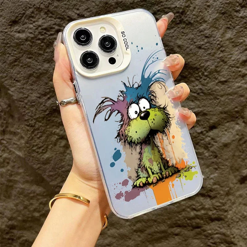 Graffiti Dog Sheep Matte Laser Phone Case For iPhone 13 Pro Max 15 13 12 11 XS X XR 7 8 14 Plus 15 Lens Protection Plating Cover