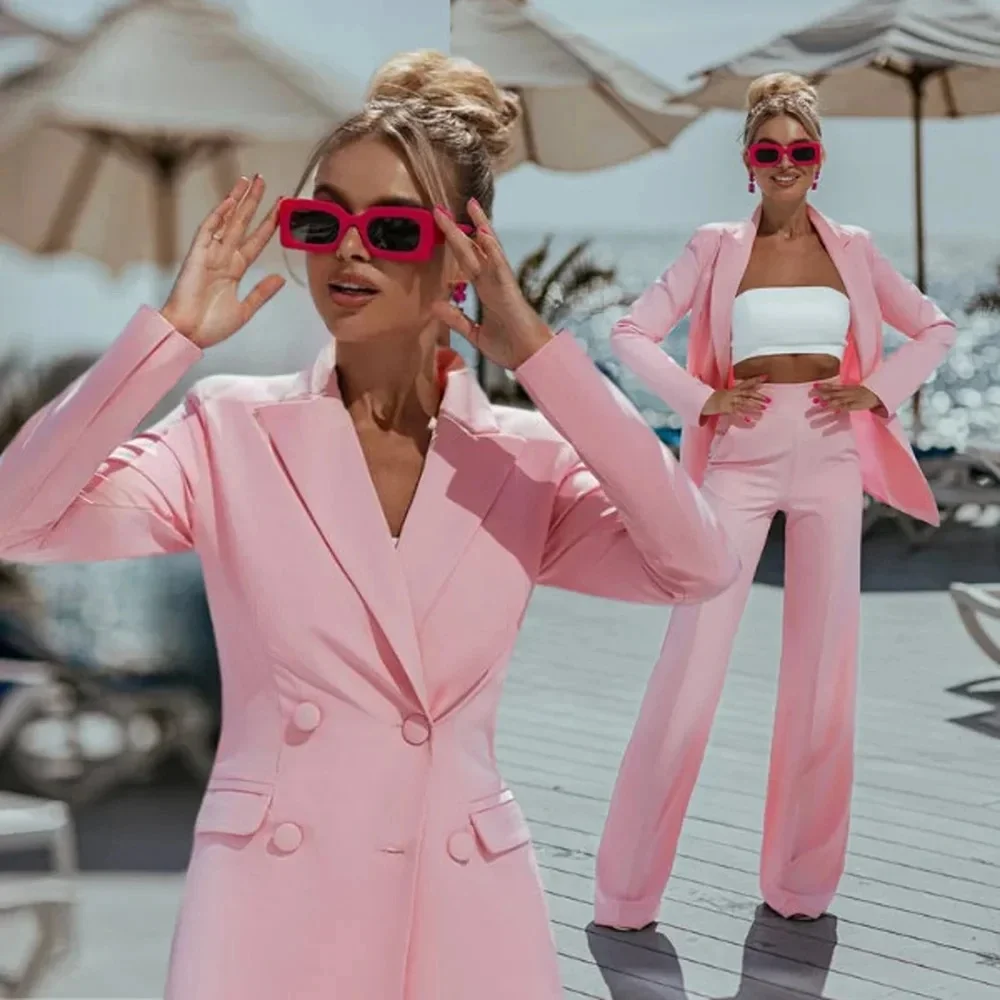 Chic  Pink two Pieces Suit Set for Women Slim Fit Office Business Female Clothing One Button Peak Lapel Jacket Pant Set