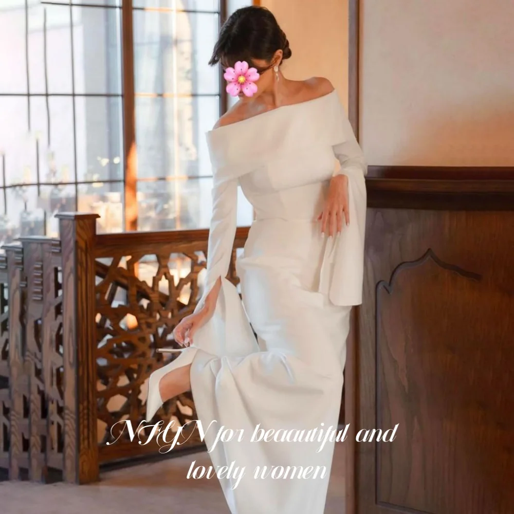 

NFYN White Evening Dresses Off the Shoulder Stain Prom Dress Full Sleeve Mermaid Prom Gowns for Party Evening Gown Customized
