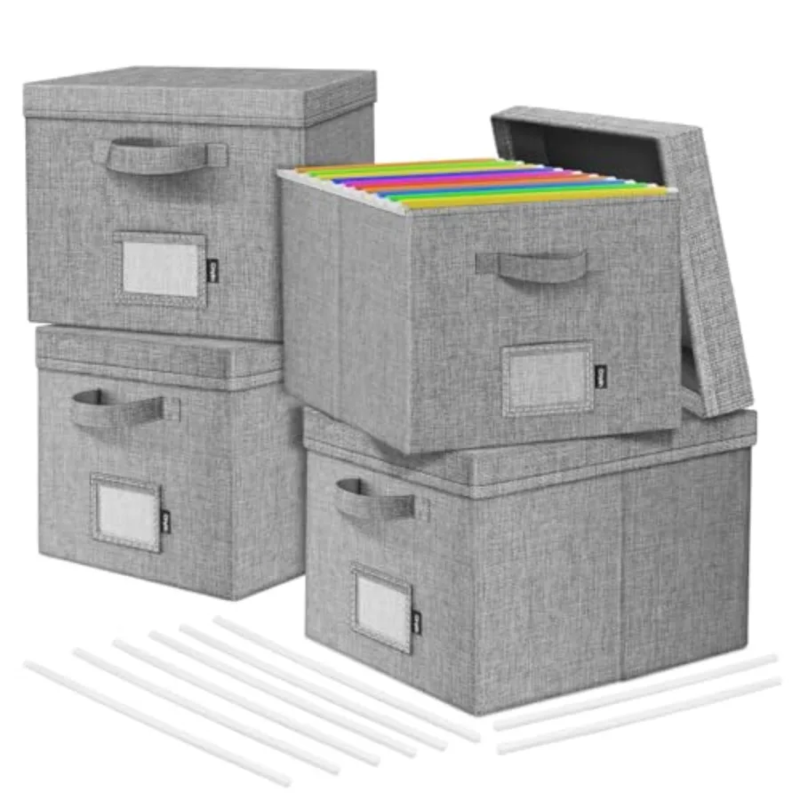 

File Organizer Boxes with Lid Linen Hanging File Storage Boxes with Handle Collapsible Document Filling Boxes for Letter/Legal