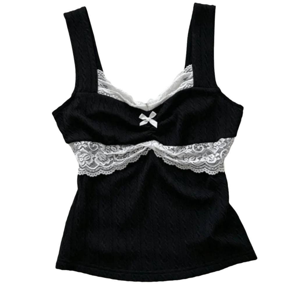 Tank Top Bow Decoration Camisole Slim Fit Sleeveless Lace Splicing Vest Patchwork Y2K Crop Top Summer