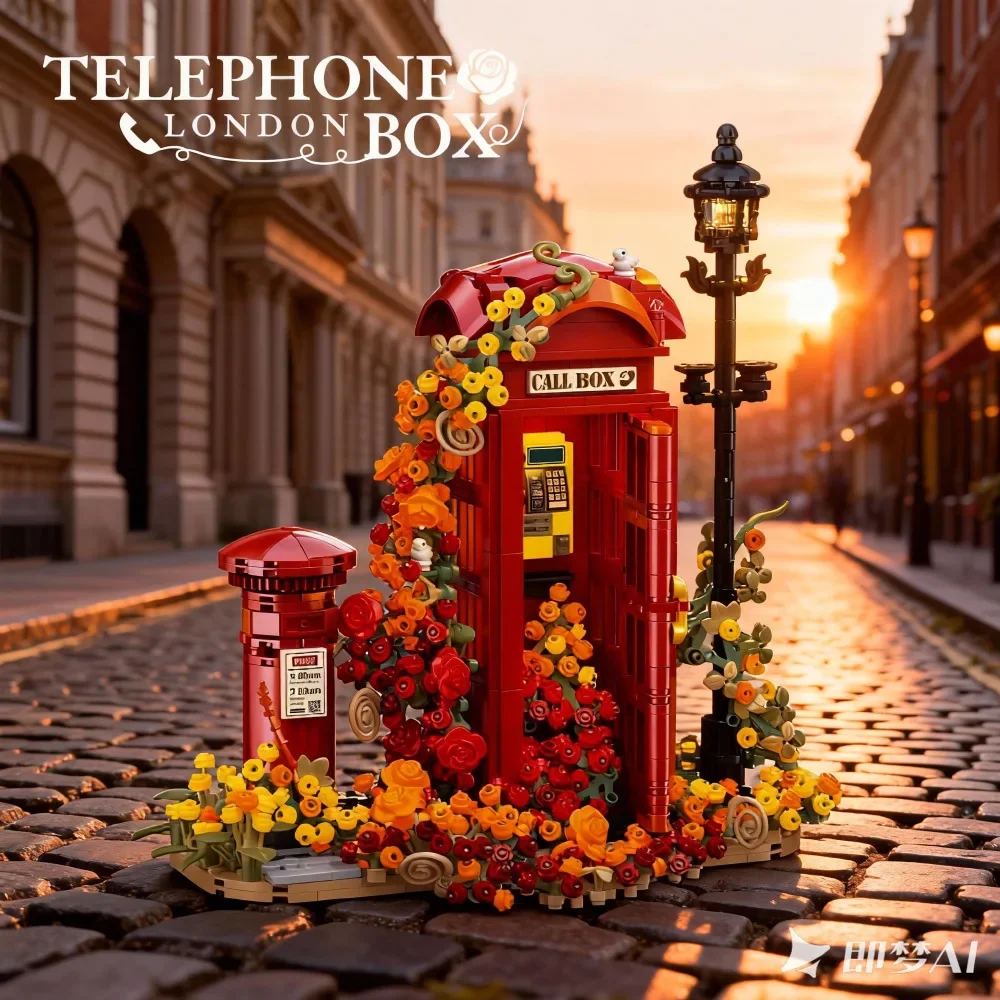 

Creative Telephone Booth Vintage With Eternal Flower Building Blocks City MOC Call Box DIY Bricks Toys Girl Valentine Gift