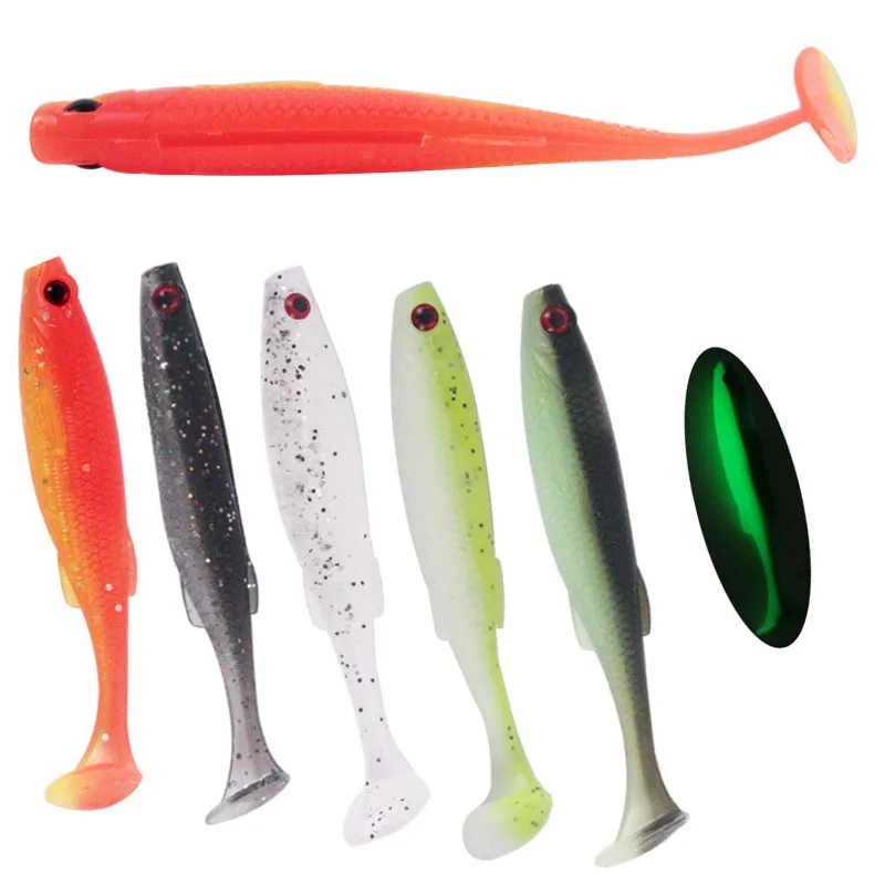 5Pcs 3D Eyes 6.5cm 2g Luminous Soft Lures T Tail Silicone Bait For Sea Fishing Lures Pesca Isca Artificial Wobblers Soft Worm