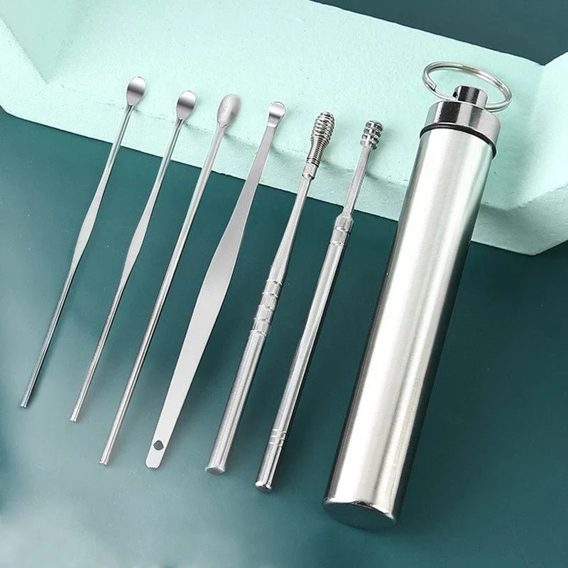 6 Piece Earpick Stainless Steel Ear Digging Tool Set Spiral Wax Remover For Perforation Cleaning Kit Cleaning Agent
