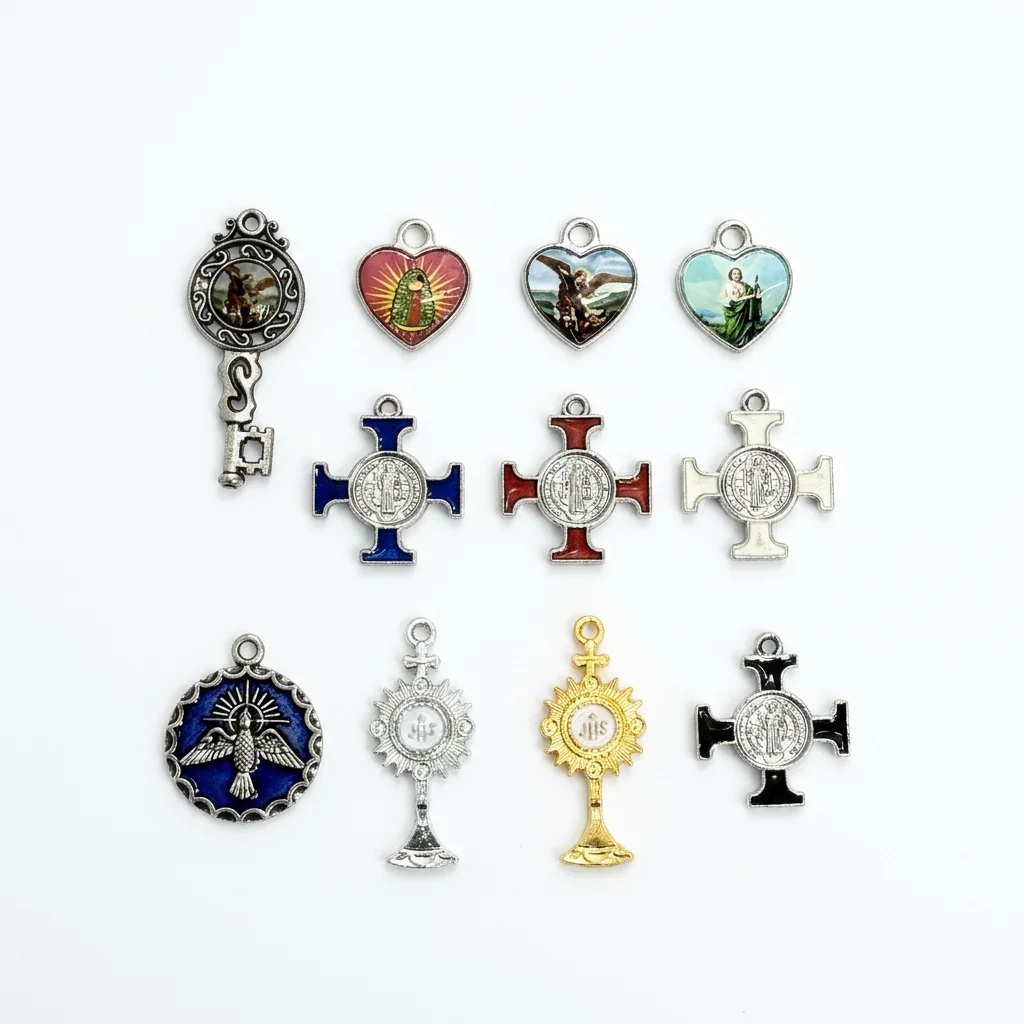 10Pcs Enamel Epoxy Catholic Saint Medal Charms St Benedict Cross Holy Spirit Zinc Alloy Pendants for DIY Rosary Jewelry
