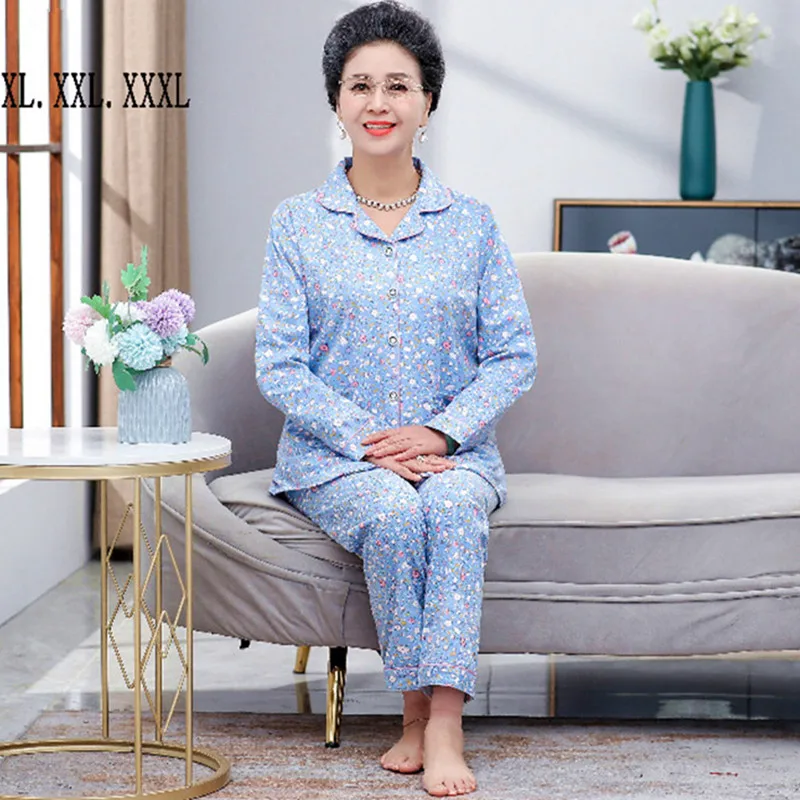 

Large Size Print Middle-Aged Elderly Mother Pijamas Set Autumn Winter Long-Sleeve Cotton Women's Pajamas Grandma Home Clothes