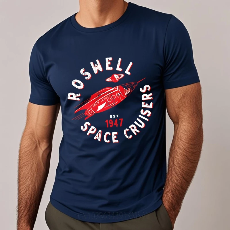 تي شيرت نسائي صيفي أسود من Roswell Space Cruisers تم إنشاؤه في عام 1947 بتصميم صاروخي بأكمام قصيرة تي شيرت برقبة دائرية #4