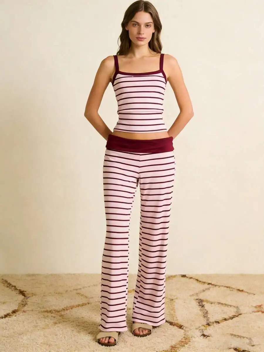 Womens Striped 2-Piece Lounge Set Sleeveless Camisole Top And Loose Pants Soft Pajama Sleepwear