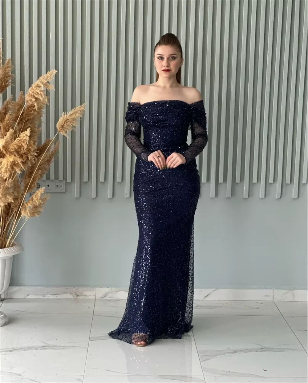 Customized Off Shoulder Long Sleeves Prom Dress Slim Fit Sparkling Sequins Wedding Party Dress فساتين سهره نسائيه فخمة