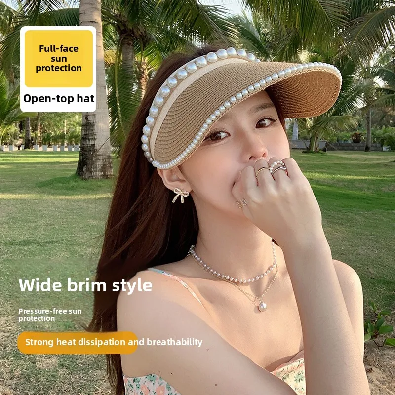 2026 New Pearl Sunshade Empty Top Straw Hat Women's Style Summer UV Protection Face Sunscreen Cycling Hat Street Style Youth ...