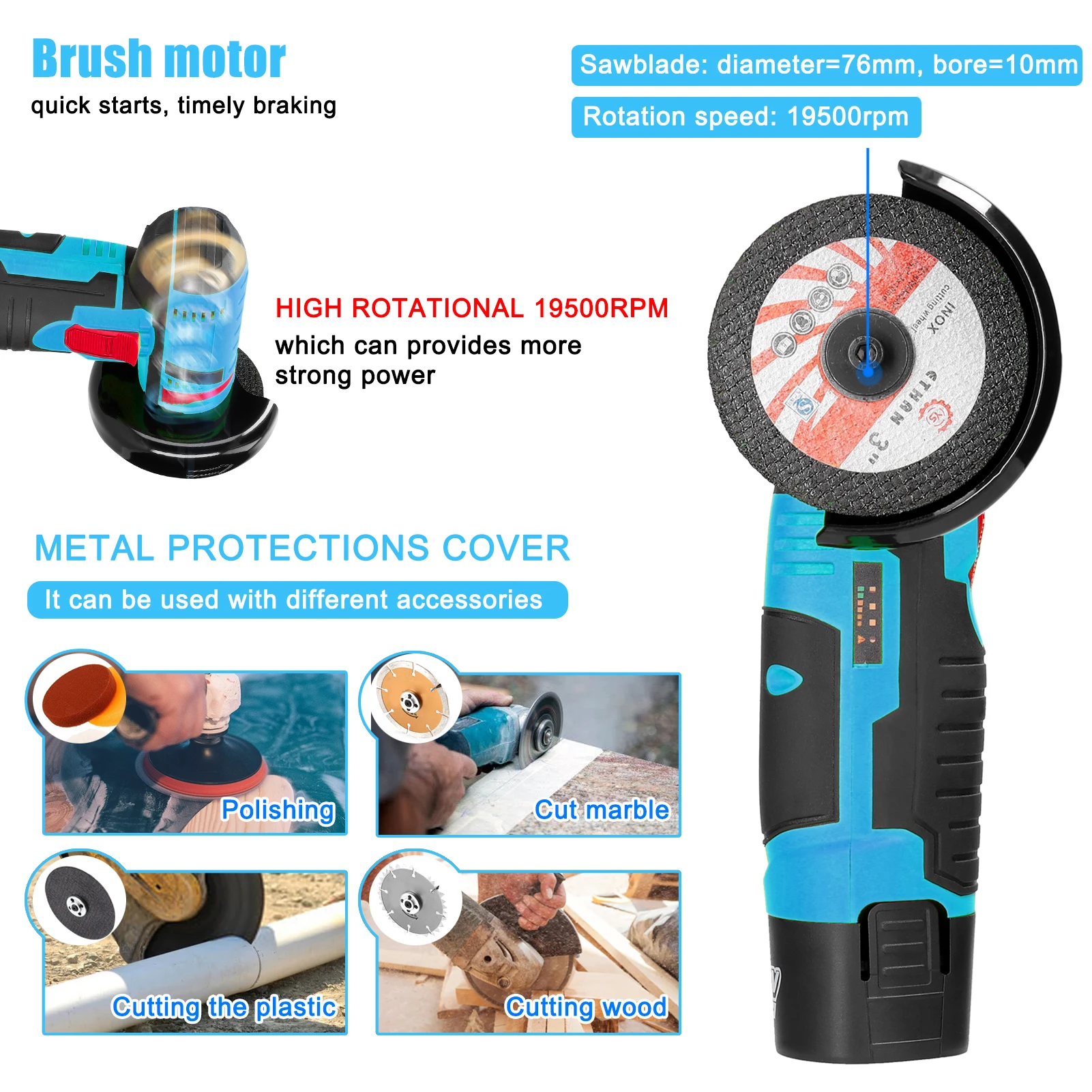 12V 19500rpm Angle Grinder Electric Grinding Cordless Mini Polishing Machine Diamond Cutting Grinder