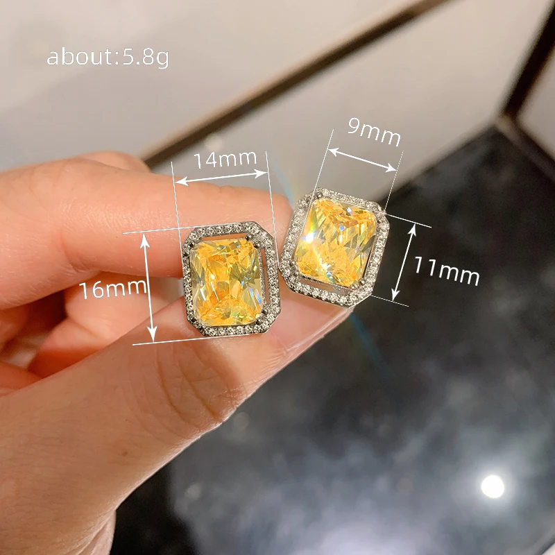 Huitan Square Yellow Cubic Zirconia Stud Earrings for Women Bright Earrings Wedding Party Temperament Elegant Female Accessories