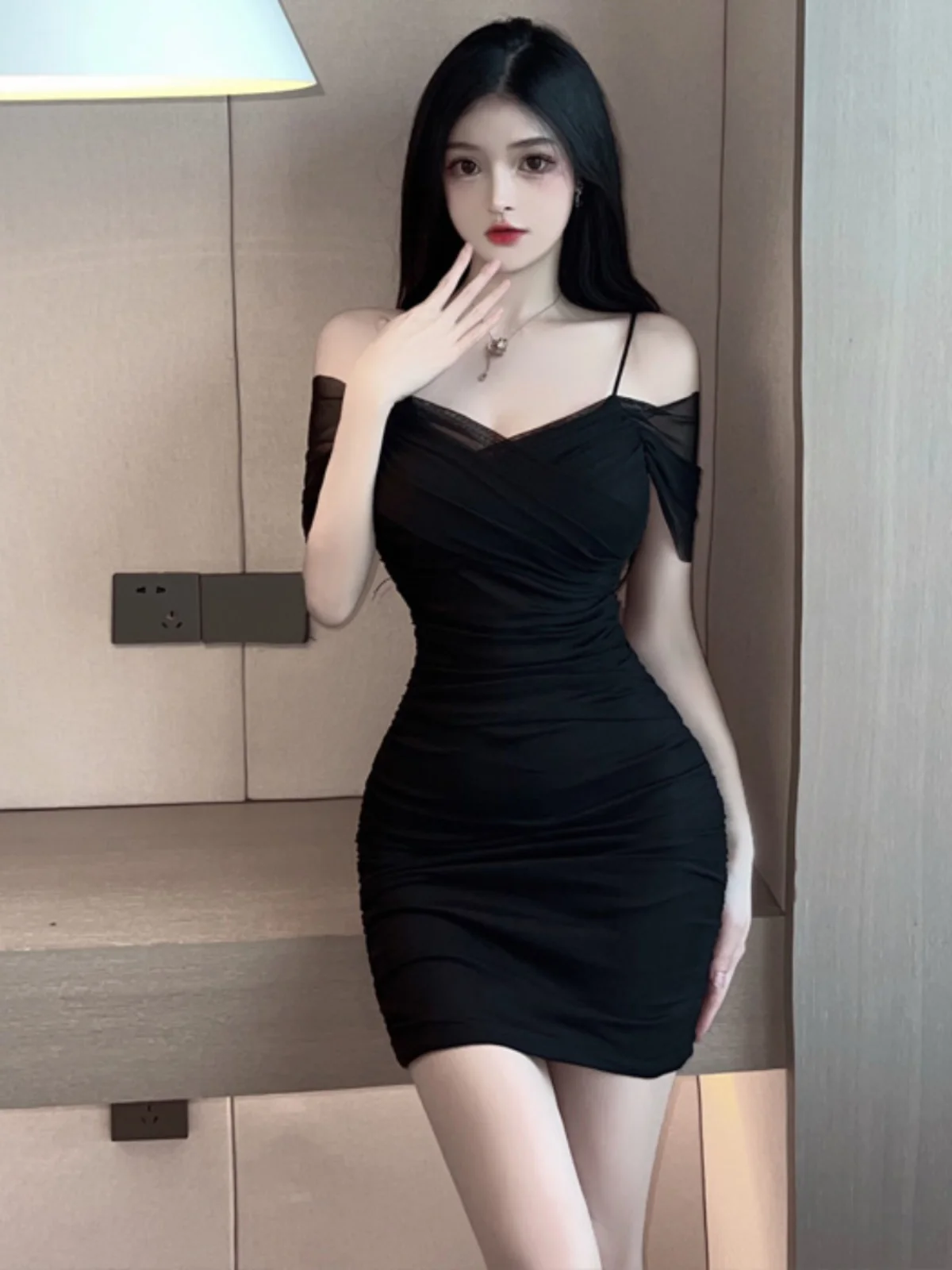 Sexy Crossed Short Skirt with Chest Pleats Tight Mesh Strap V-neck Show Chest Party Date Night Outing Polyester Material