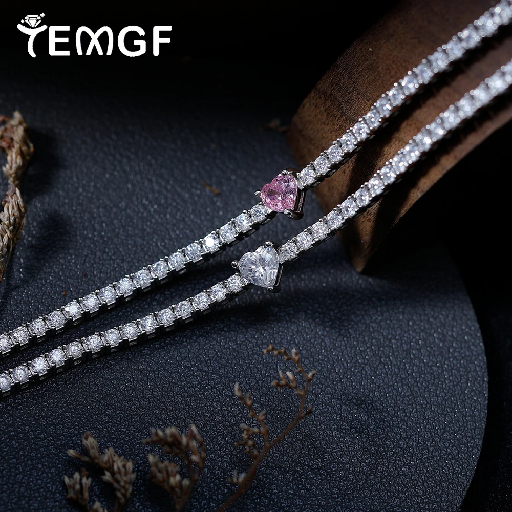 

TEMGF 2mm Moissanite Tennis Bracelet 925 Sterling Silver Wrist Jewelry Gift for Women 5mm Pink White Heart Cut With Certificate