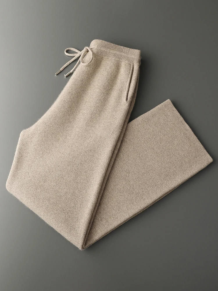 Chic Men's Wide-Leg Pants Thick 100% Cashmere Light Soft Autumn Winter Fashion Lace-Up Basic Solid Casual Loose Bottoms