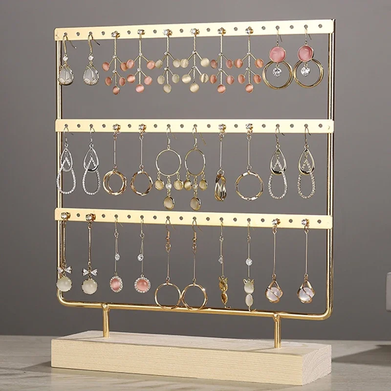 Earring Organizer Stand 24/44/66 Holes Jewelry Display Showcase Wooden Base Metal Delicate Wooden Base Earrings Holder Rack