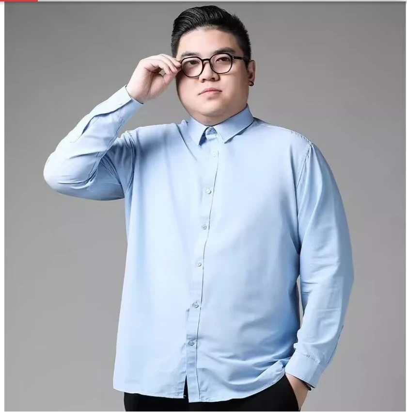 Spring and autumn men's casual solid color long sleeve shirt plus fat plus size fat loose comfortable shirt