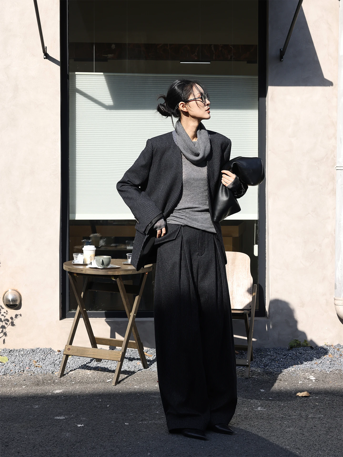 

Костюмный комплект JIEJI Zhang: повседневные шерстяные брюки с высокой талией, широкими штанинами, полосатым дизайном и отворотами, модный комплект для отдыха