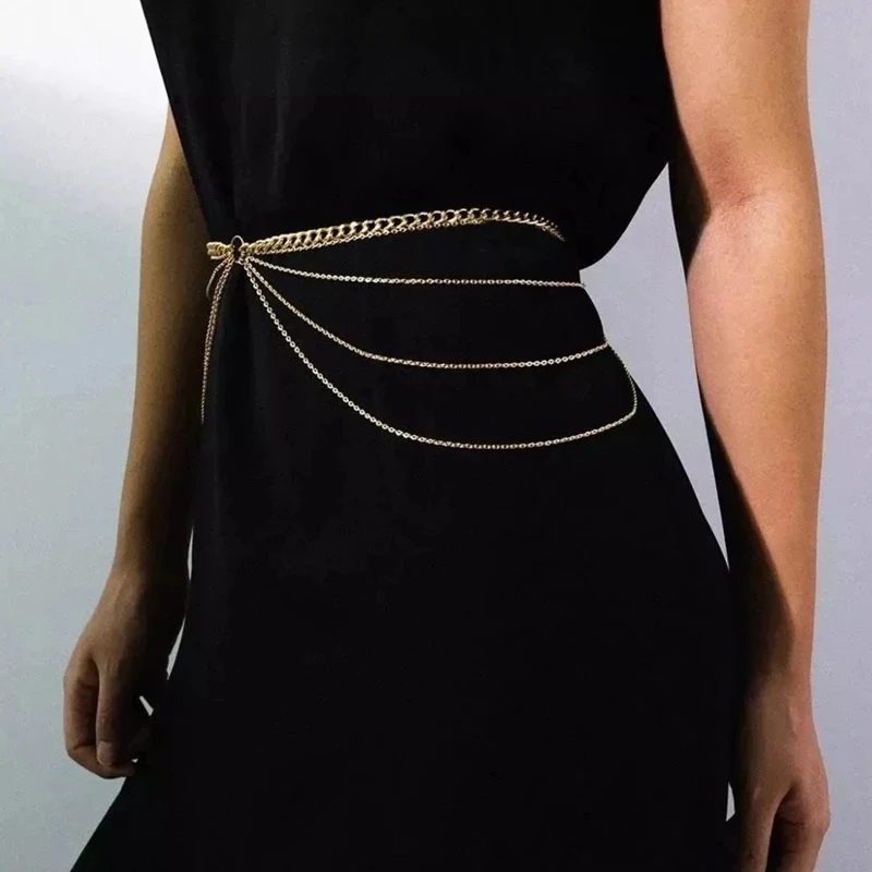 Dames Body Chain Belt Legering en meerlaagse gotische punk tailleriem verstelbaar