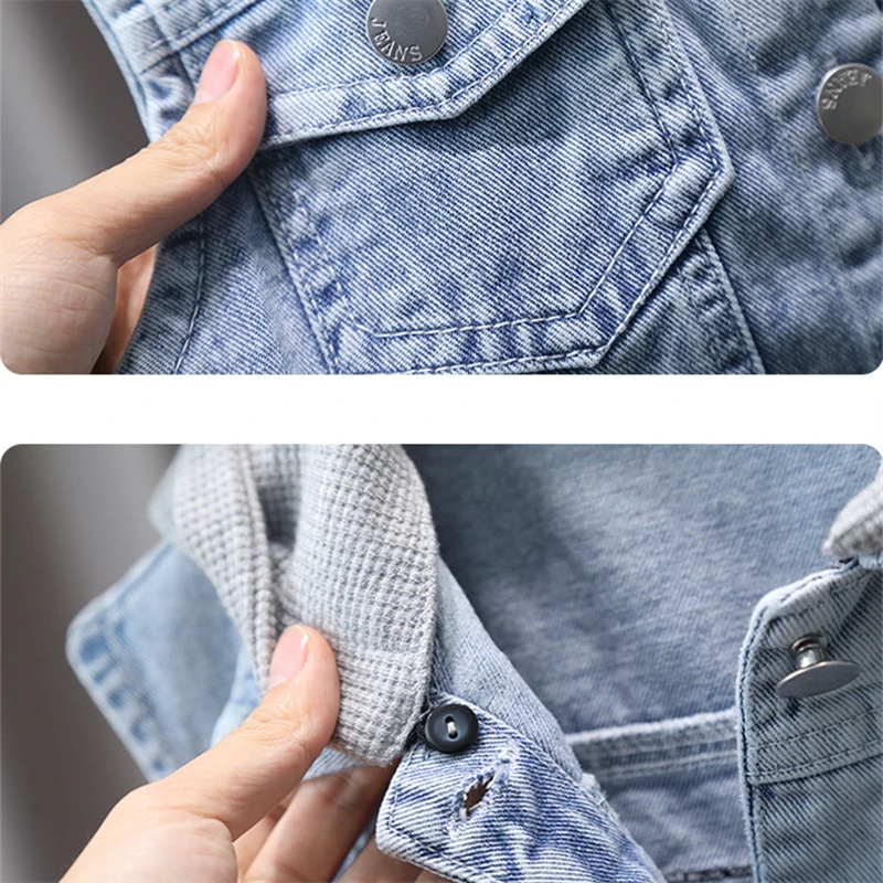 Baby Jungen Lässige Jeansweste mit Kapuze Neue Kinder Designer Modekleidung Outfit Kinder Ärmellose Jacke Hoodie Weste 2-9 Jahre – Detail 10