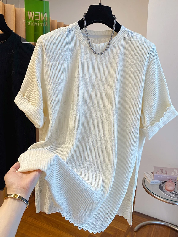 

plus Size Loose Fit Casual Style Women's T-Shirt Summer Floral Trim Short Sleeve Open Split Top Large Size European Fashion