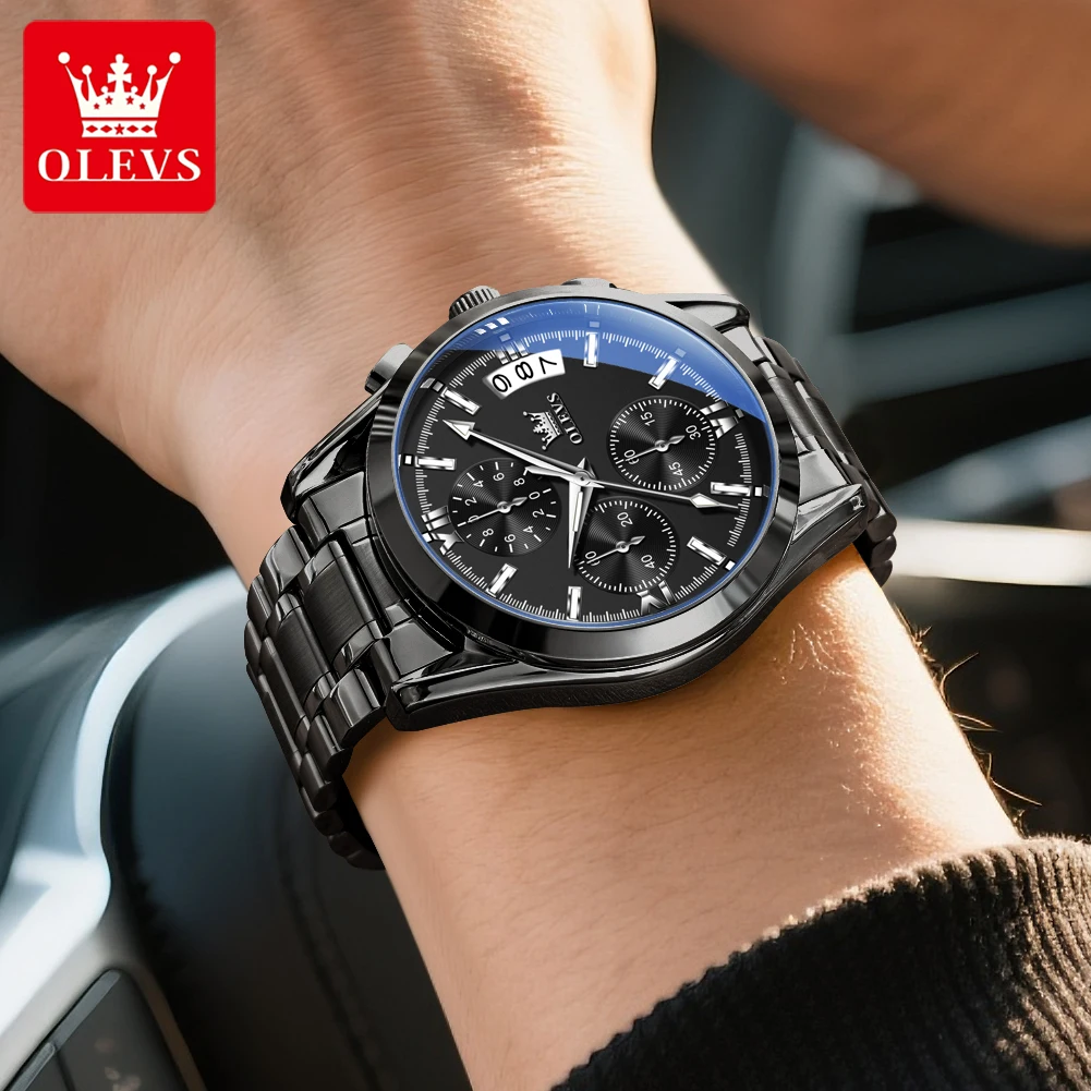 ساعات OLEVS للرجال عصرية بحزام من الفولاذ المقاوم للصدأ وحزام كوارتز أصلي للرجال مقاومة للماء وكرونوغراف للتاريخ المضيء
