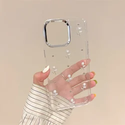 Luxury 3D Diamond Glitter Bling Transparent Pearl Rose Phone Case For iPhone 15 14 13 12 11 Pro Max 15 Plus Silicone Soft Cover