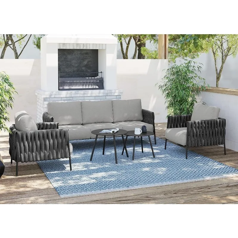 5-piece patio furniture set with two round coffee tables  waterproof thick cushions and deep seats for balcony  mist grey