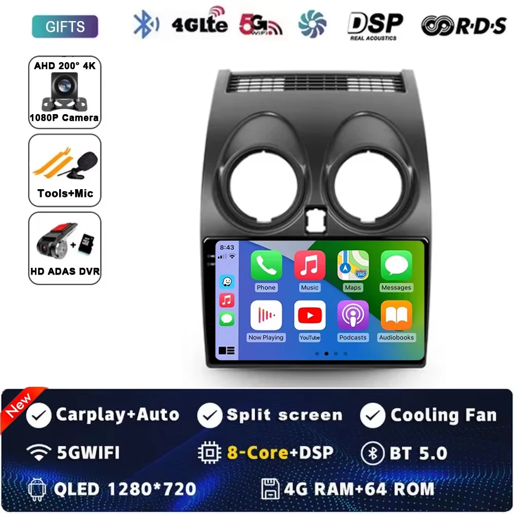 Android 16 autoradio GPS navigatie QLED Carplay Auto multimediasysteem speler BT voor Nissan Qashqai 1 J10 2006 - 2013