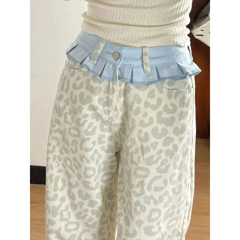 

Female Leopard Print High Waisted Jeans Pants Girls Chic Straight Leg Denim Pants Lady Retro Designer Jeans Trousers