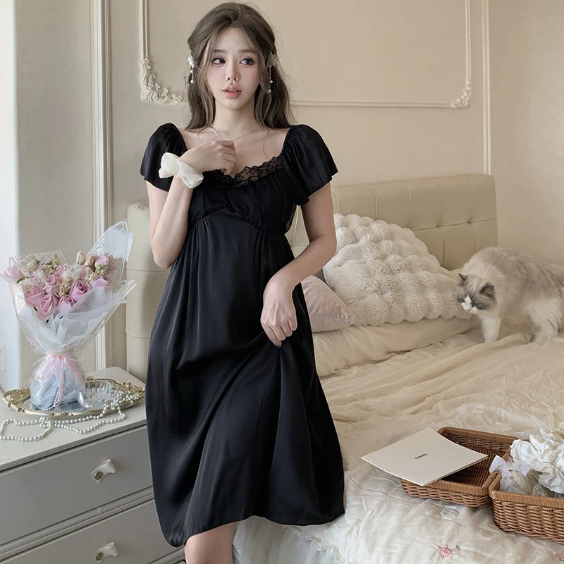 

2025 Summer Short Sleeve Sexy Lace Lingerie Silk Satin Nightgowns for Women Korean Sleepwear Night Dress Nightdress Home Nighty