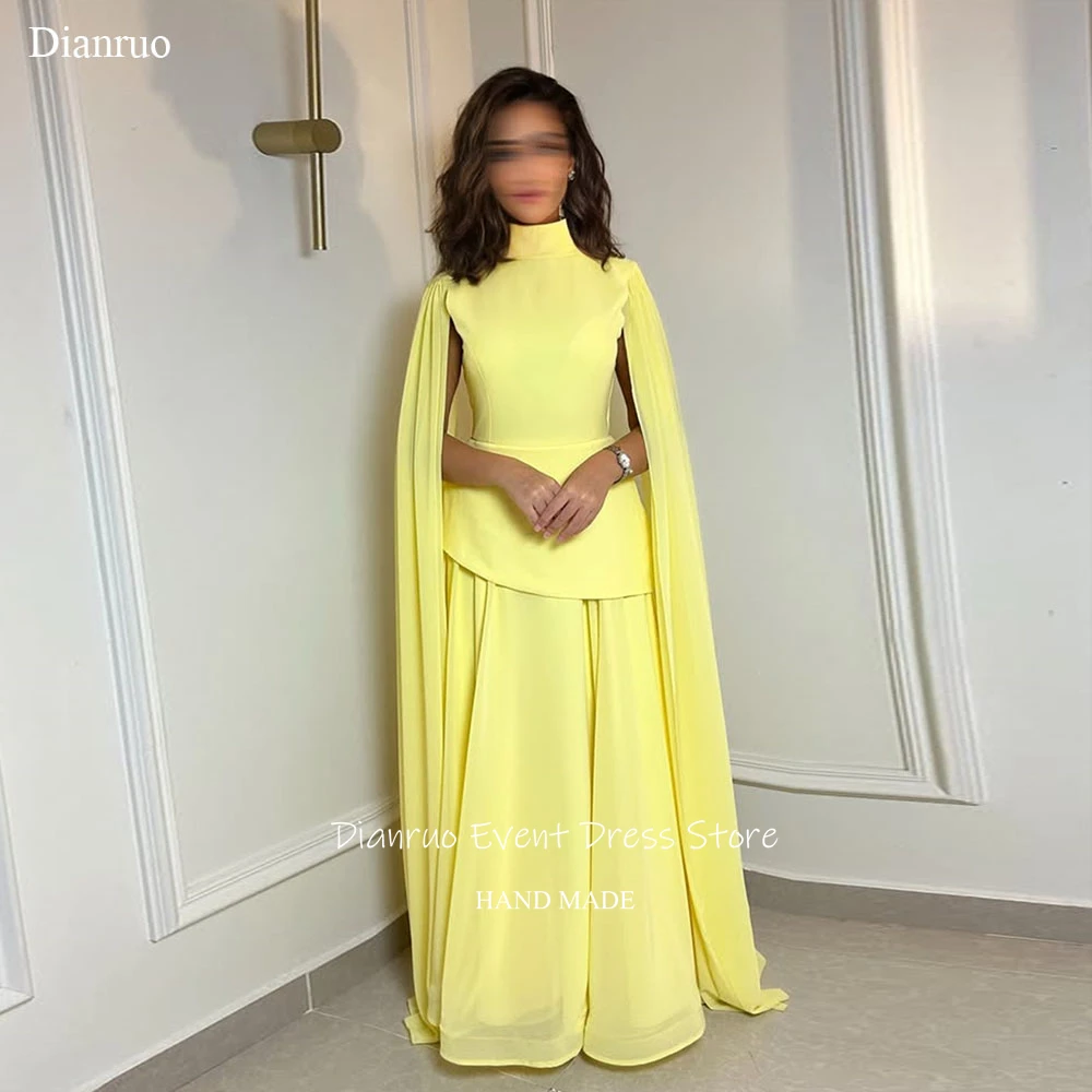 Dianruo-Vestidos De Noche De línea A, color amarillo vibrante, escote alto, Maxi Vestidos De Fiesta, mangas tipo capa, vestido De fiesta De boda personalizado